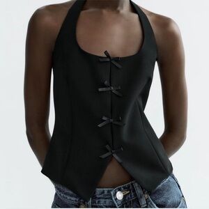 Zara Bow Tie Front Sleeveless Halter Black Top